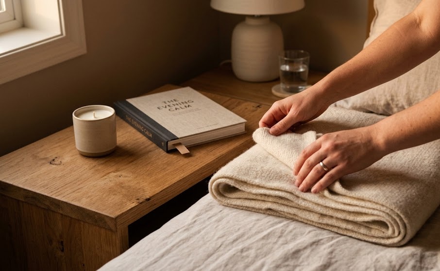 Mani che piegano con attenzione una coperta morbida vicino a un comodino ordinato